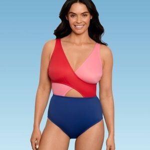 Beach Betty ColorBlock Wrap-Front Cut Out One Piece Swimsuit Slimming